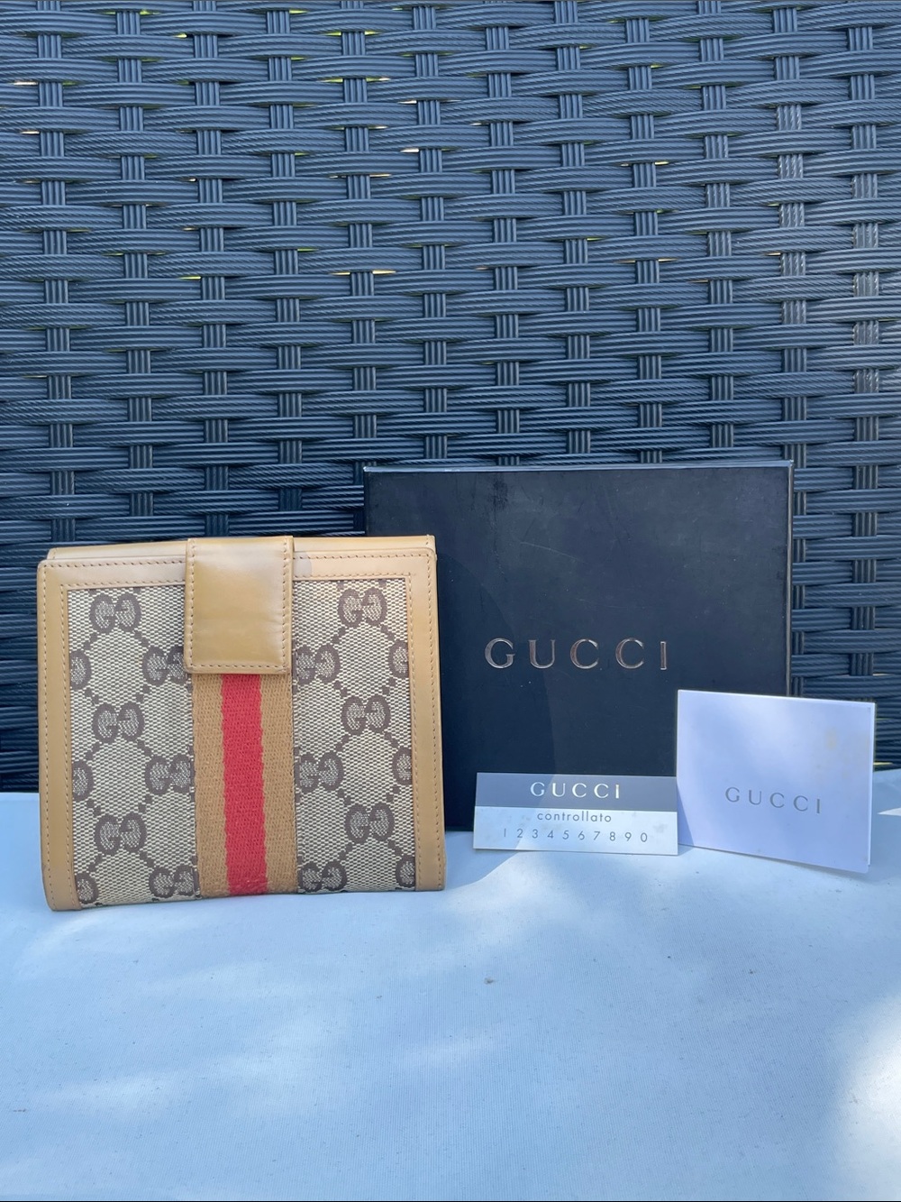 Gucci GG Canvas Wallet with Red Center Stripe and Tan Trim